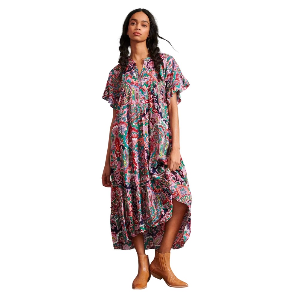 Anthropologie Paisley Tiered Maxi Dress M Pink Green Ruffle Sleeve Boho Pockets